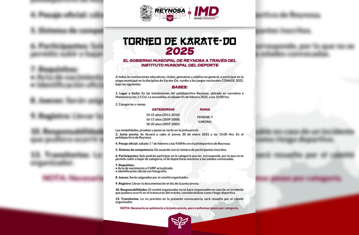 Invita Gobierno de Reynosa al Torneo Municipal de Karate