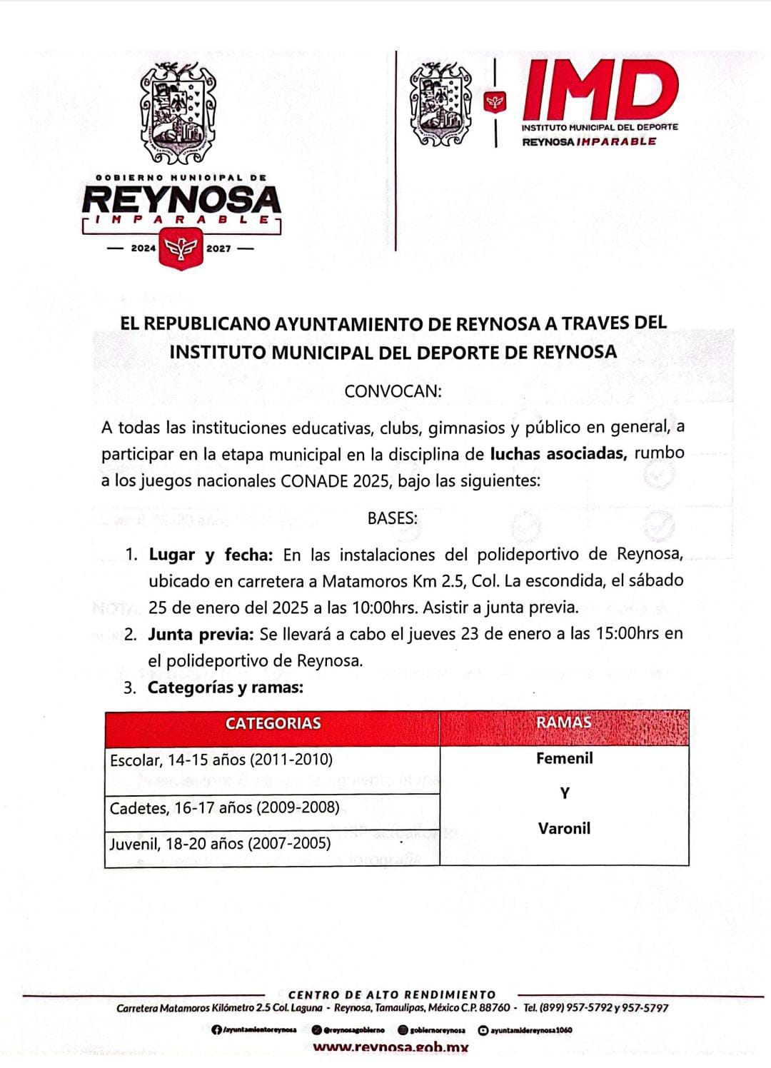 Invita el Gobierno de Reynosa a inscribirse en el selectivo de Lucha